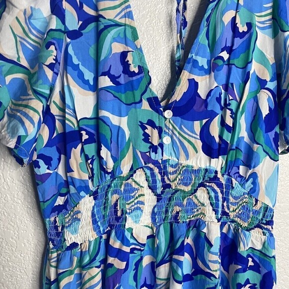 Abel The Label Anthropologie Blue Boho Smocked V Neck Maxi Dress Small Dress Up - Picture 7 of 11